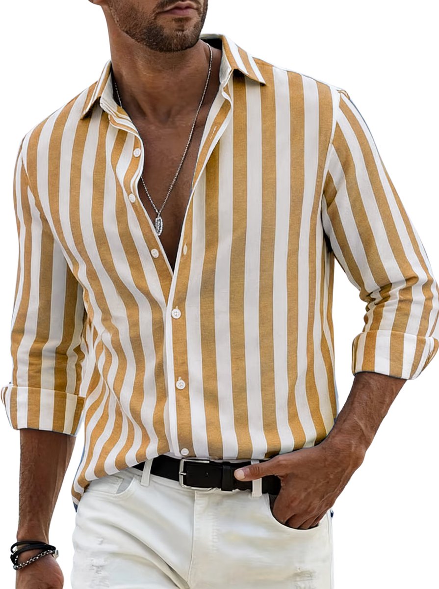 Currero Linnen Blouse Heren T Shirt Polo Overhemd Shirt Zomer Ibiza Stijl Geel