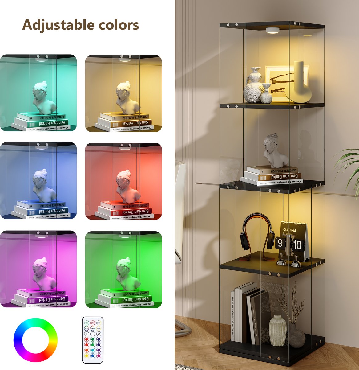 360° draaibare glazen vitrinekast met LED-verlichting, 2/3/4 planken, glazen kast, displaykast, vitrine, open glazen wand. Modern displayrek voor de woonkamer.
