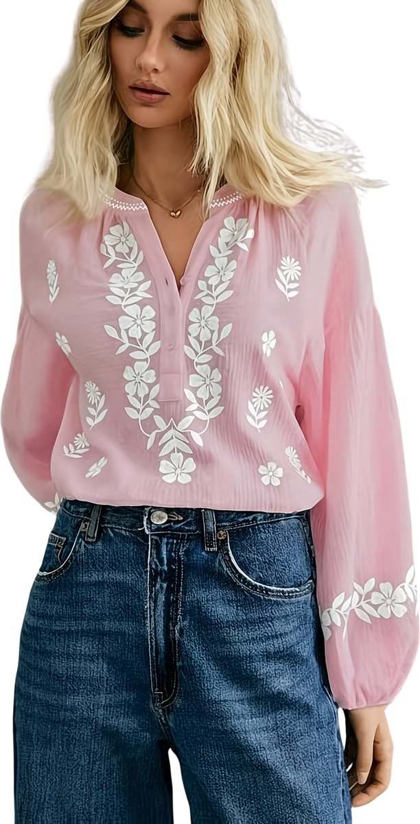 Currero Linnen Blouse Dames T-Shirt Polo Overhemd Shirt Zomer Ibiza Stijl Roze