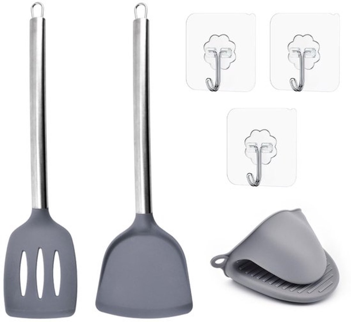 1 spatel, 1 grijze braadspatel, 1 handschoen, 3 haken, panspatel, braadspatel, siliconen kookspatel, Keukengereedschap Siliconen gereedschap