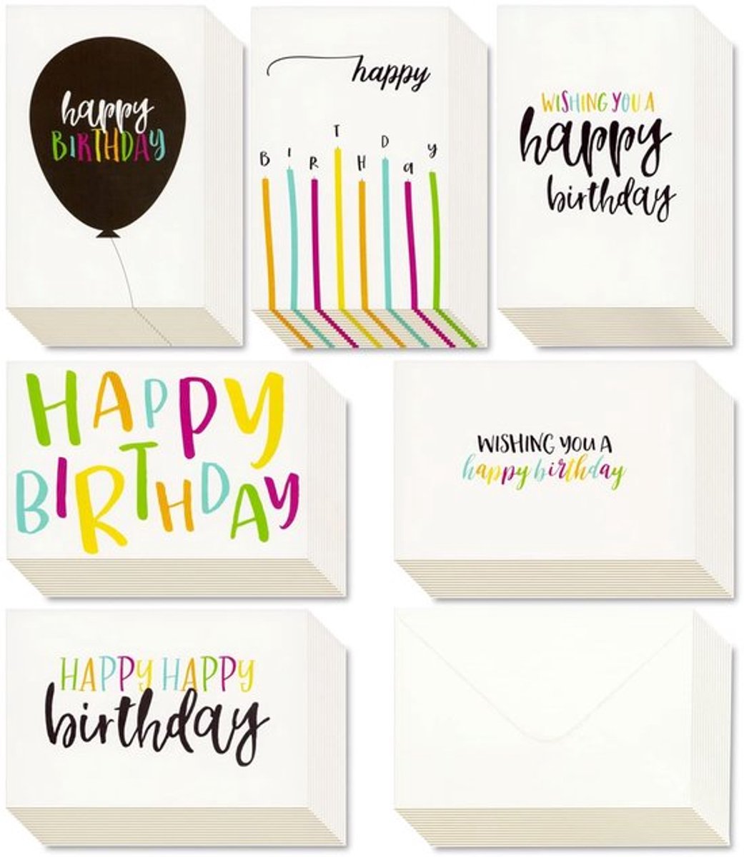 Happy Birthday Wenskaarten 48-pack - 6 Kleurrijke Designs - Blanco Binnenkant - 10 x 15 Centimeter