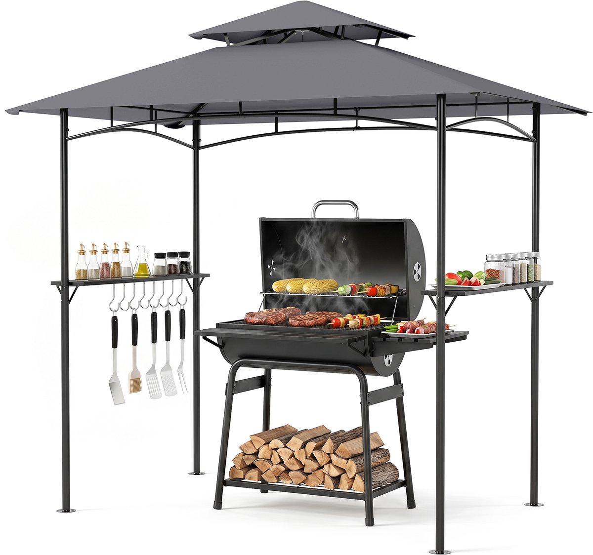 COSTWAY Grillpaviljoen, Grillonderkomen met dubbel dak, 245 x 151 x 248 cm | Grillpaviljoen weerbestendig, Grilloverkapping buiten met 2 zijplanken & 8 haken, voor BBQ tuinfeest, Grijs