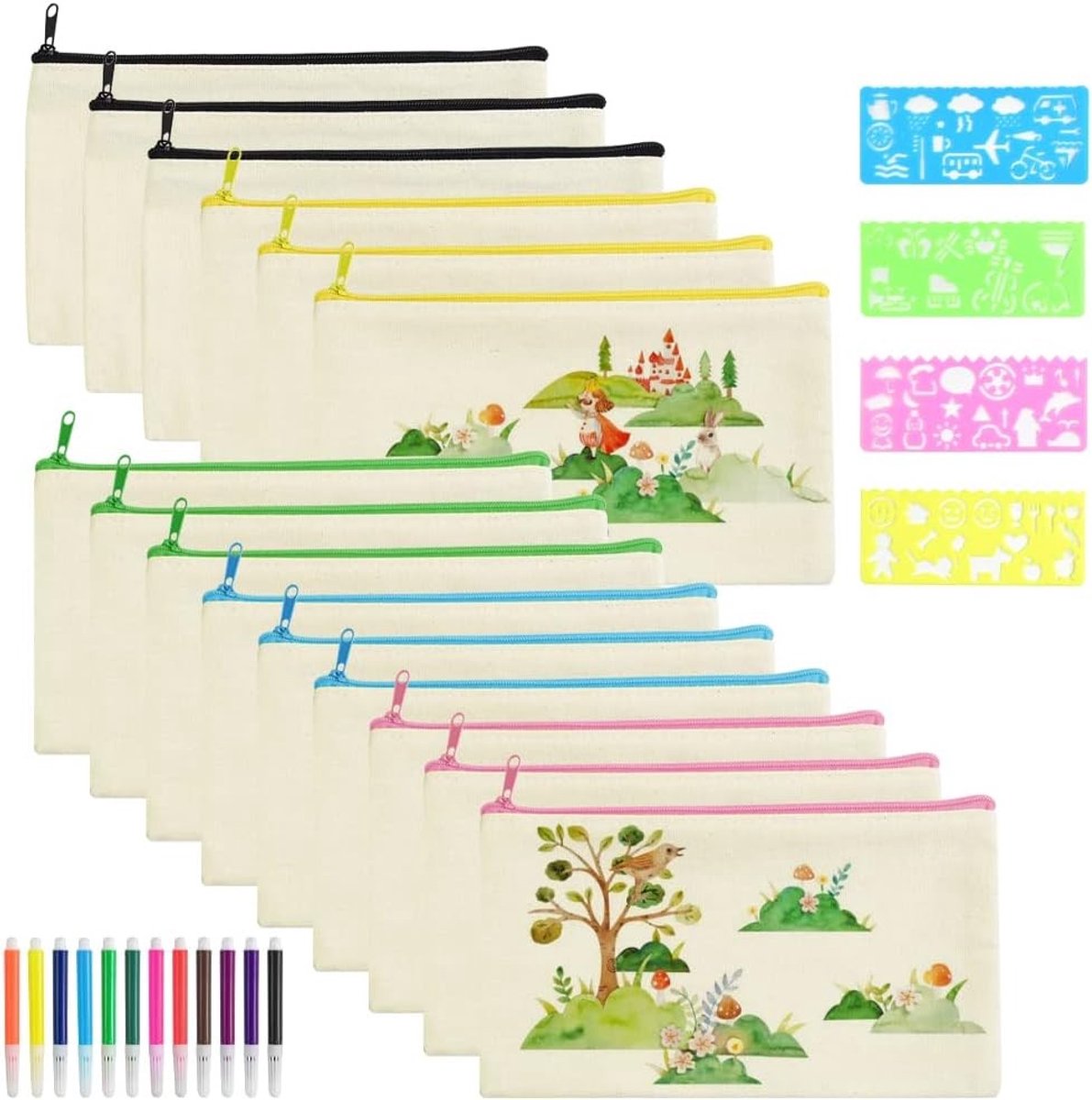 DIY Etui met 15 Stukken, Lege Schoolmappen, 12 Waterverf Potloden en 4 Schilder Stencils voor Kinderen, Creatief Kantoorbenodigdheden