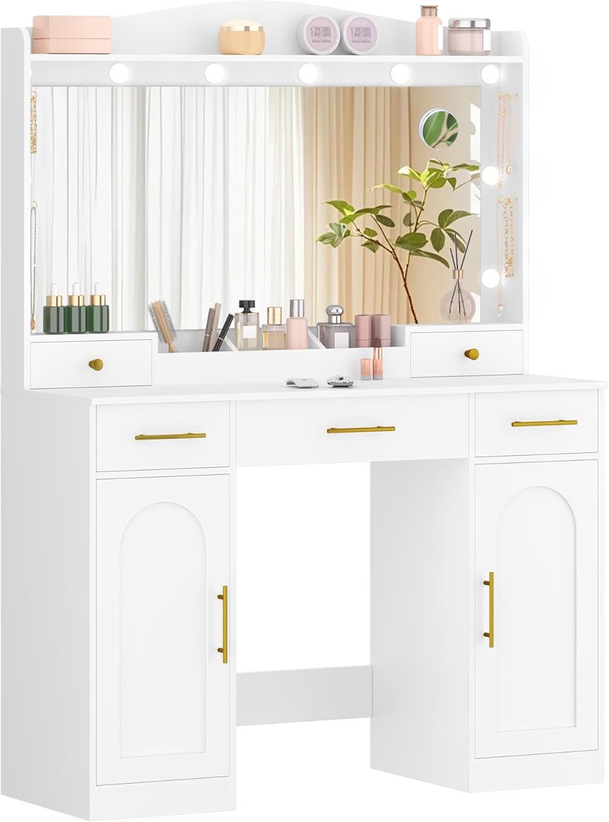 Hzuaneri Kaptafel, Grote Hd Spiegel, Modern Minimalistisch, Wit-Goud