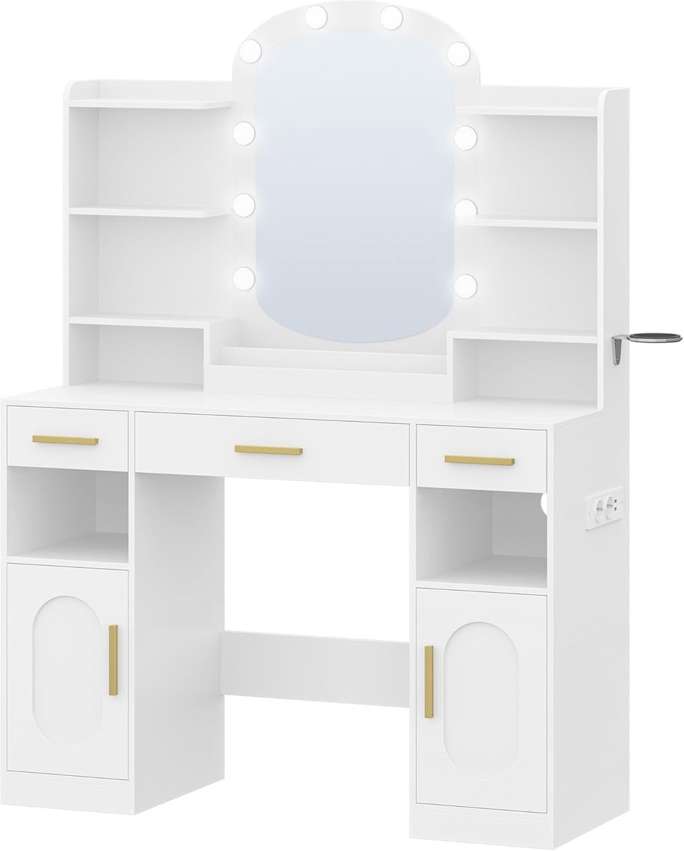 Hzuaneri Kaptafel met Spiegel, Kaptafel met Spiegel Led, 3 Kleuren Licht, Stopcontact, Haardroger Houder, Make-up Bureau met 3 Laden, 2 Kastjes en Open Planken, Voor Slaapkamer,40 x 108 x 147,7 cm, Wit