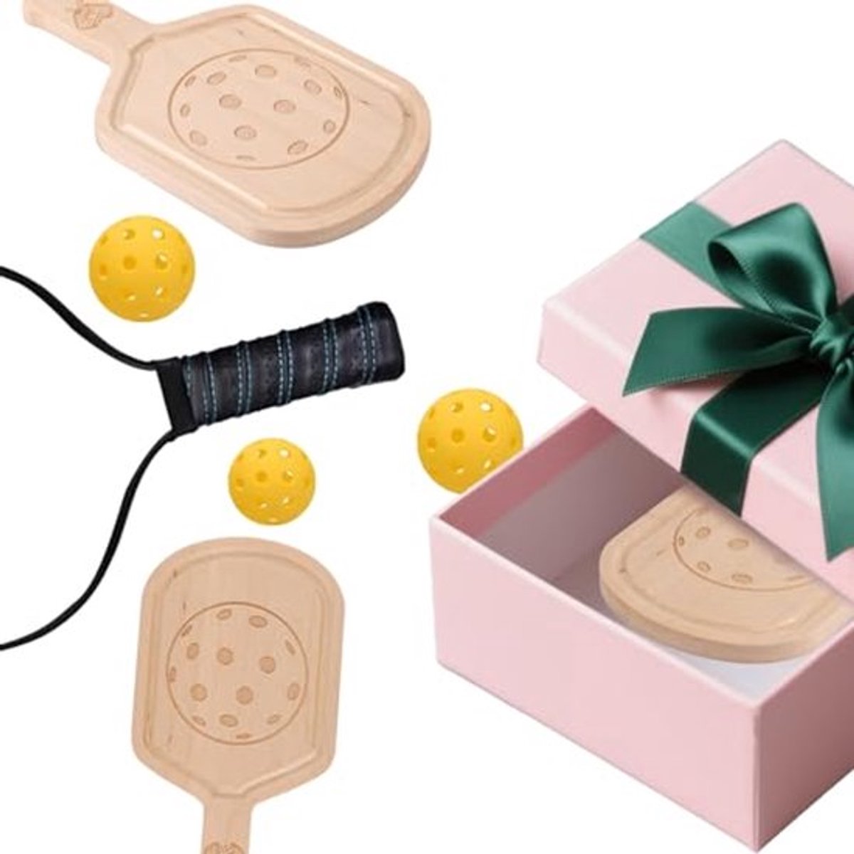 Set van 2 houten onderzetters in paddlevorm voor pickleball liefhebbers, ideaal ter bescherming van tafels tegen krassen en vlekken