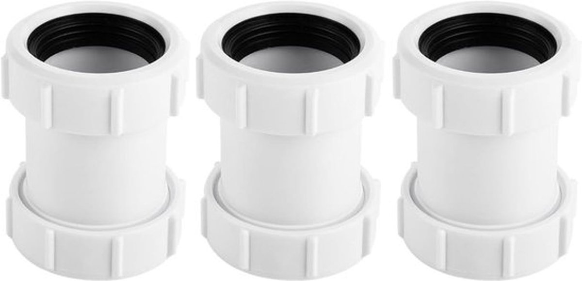 Set van 3 rechte buisconnectoren van 40 mm PVC met compressiekoppeling, geschikt voor 1/2 inch badafvalpijp, ideaal voor eenvoudige en stevige verbindingen in sanitairwerkzaamheden