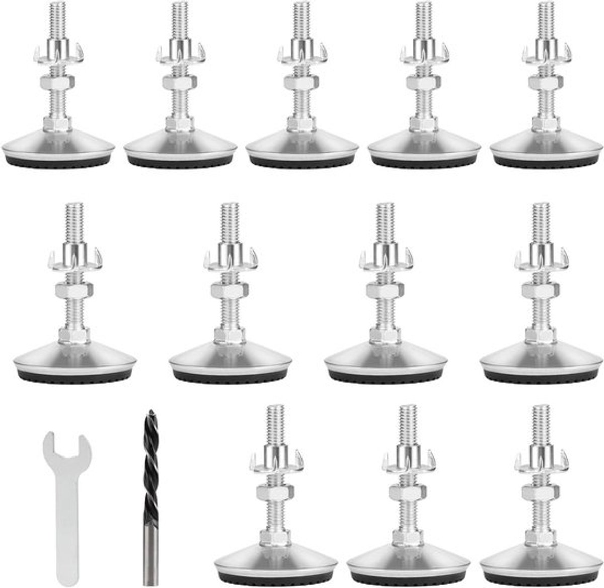 Set van 12 verstelbare metalen meubelpoten M8 x 50 mm met regelschroef - in hoogte verstelbaar