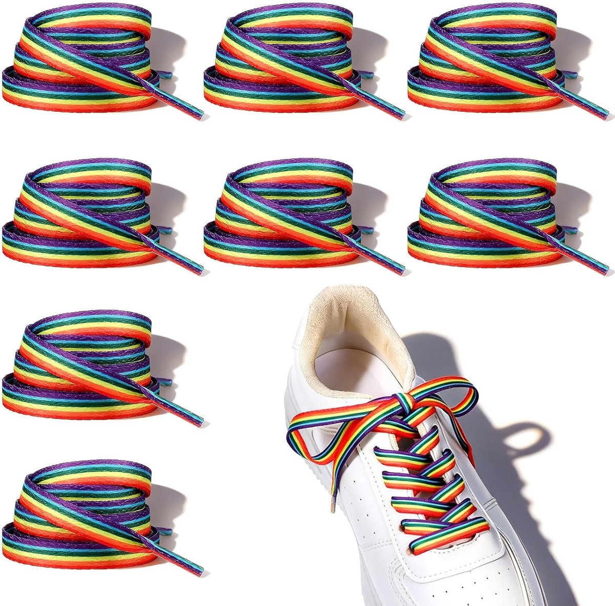 Kleurrijke platte veters in neonlang design, 140 cm, voor gymschoenen, loopschoenen en sneakers, regenboogstijl, brede veters