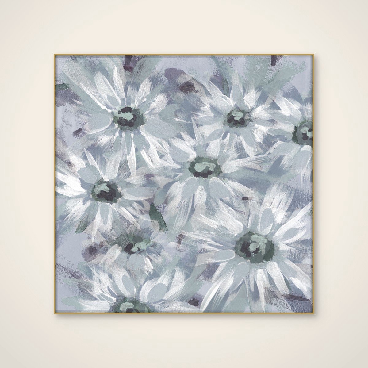 Akoestisch schilderij - 80 x 80 cm - Soft Blue Daisies van Lori Ann Folz - Botanische wanddecoratie - goud textielframe