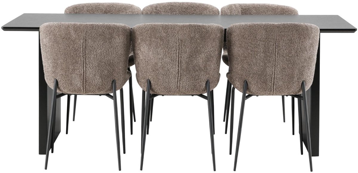 Vail eethoek eettafel zwart 6 stoelen bouclé bruin.