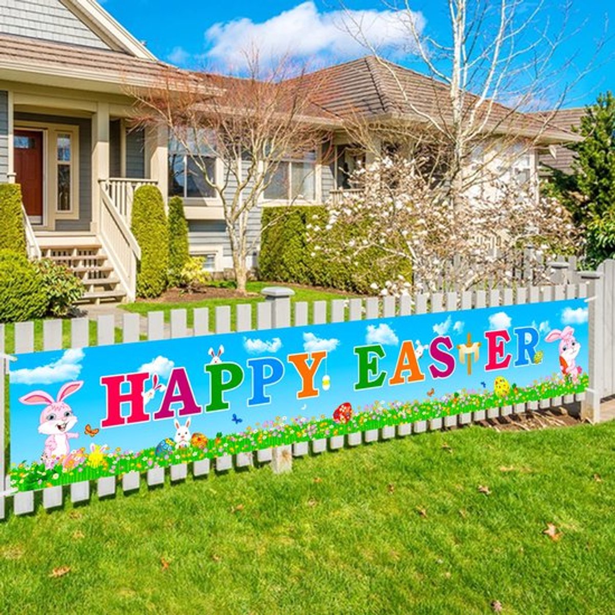 Vrolijke paasbanner voor paasfeest, decoratie, paasspel activiteit achtergrond decoratie, lange stoffen banner voor Pasen tuin buiten decoratie paastafel, muurdecoratie, 14 x 2,5 meter