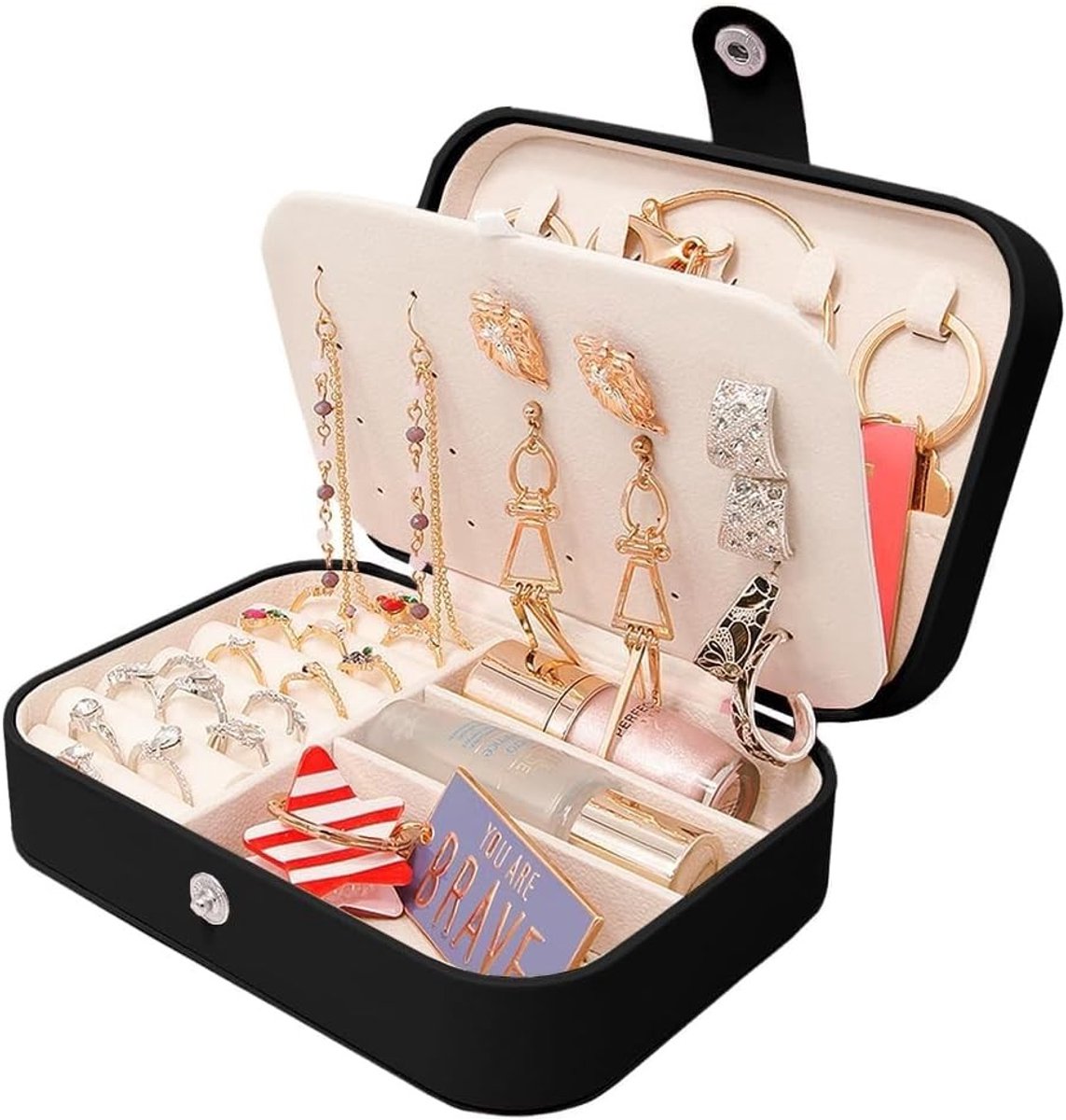 Reisjuwelendoos voor Dames - Kleine PU Leren Sieradenopbergdoos voor Oorbellen, Ringen en Kettingen - Handige Organizer voor Sieraden (Zwart)