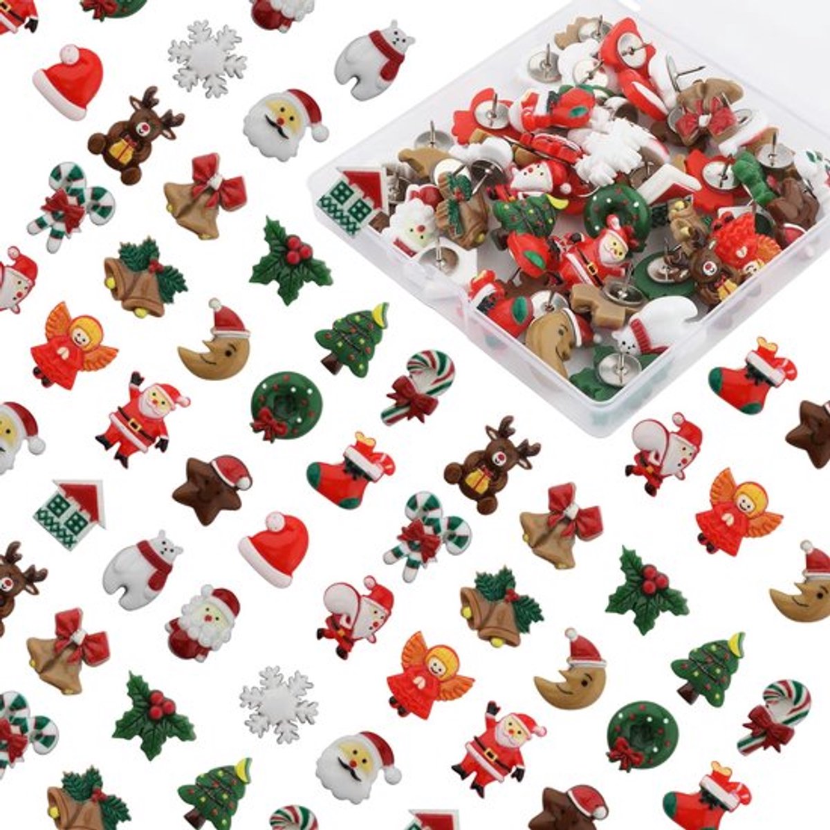 Kerstpusjes, set van 50 schattige punaises voor prikbordkerstminiaturen, decoratieve miniaturen, plastic punaises met kerstman in elandstijl voor prikbordmuur