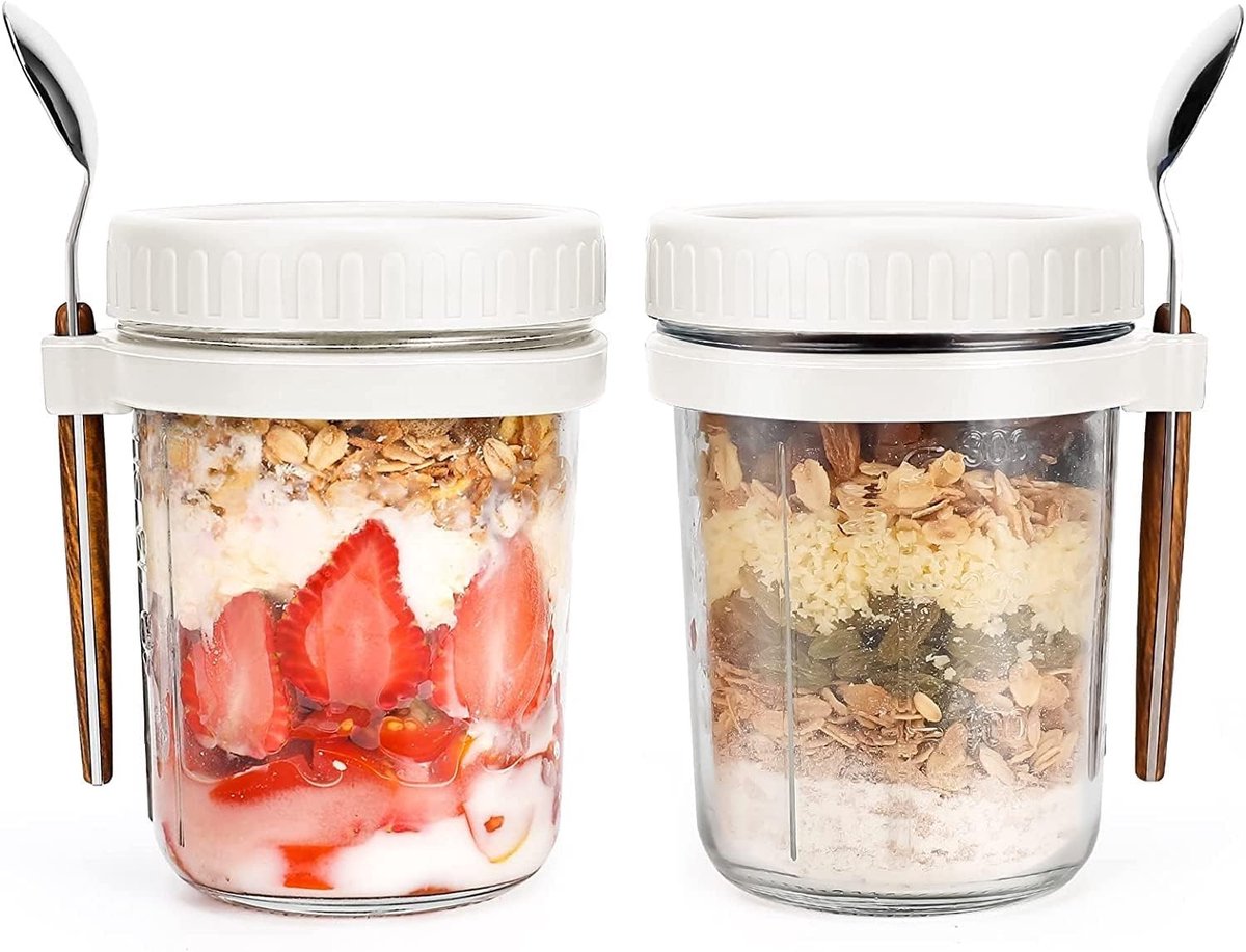 Glazen Potten voor Overnight Oats - 300 ml - Inclusief Deksel en Lepel - Hittebestendig Glas - Voor Ontbijt en Snacks