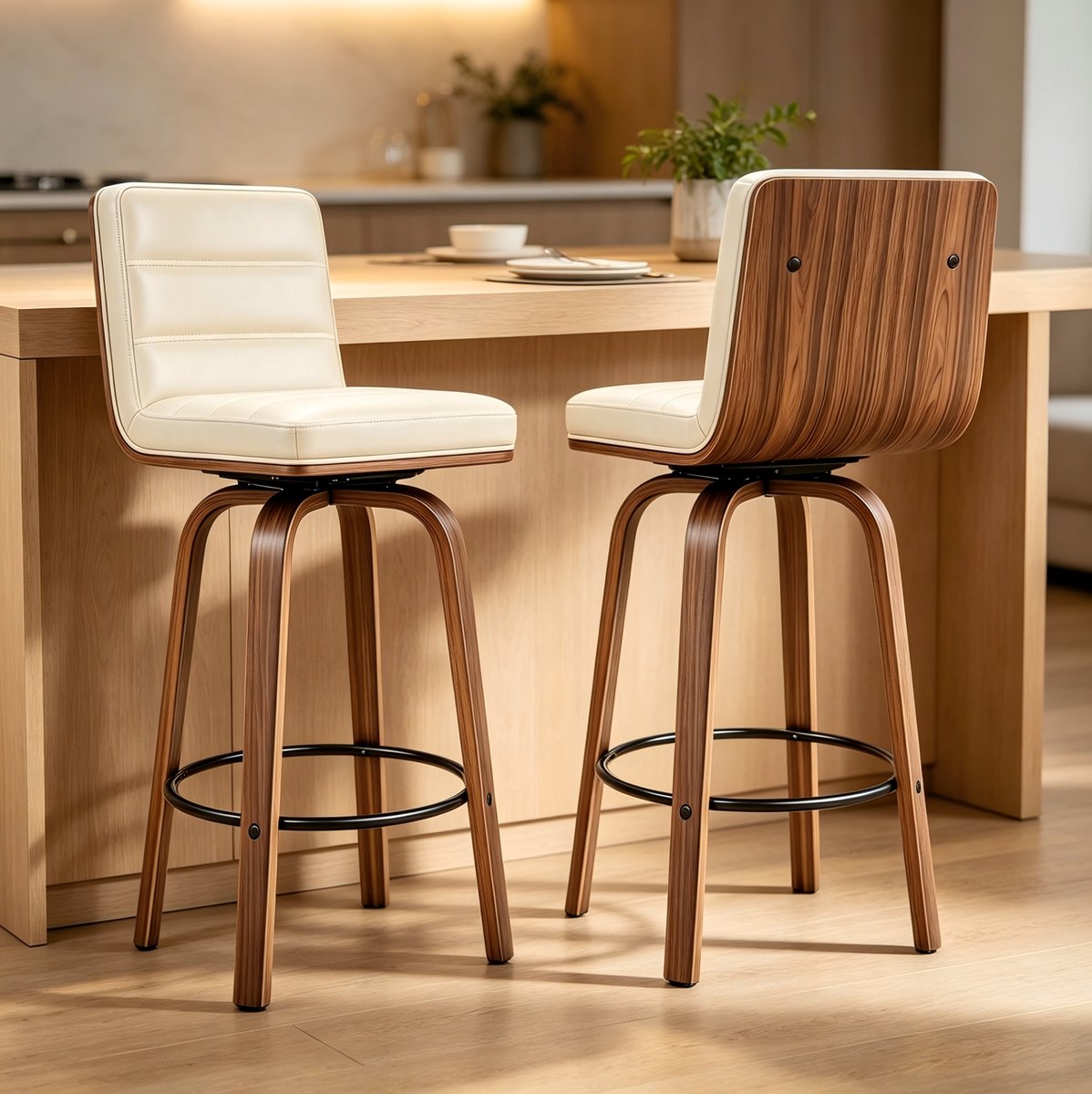 OKWISH Barkruk - 90 cm Hoog - 360 Graden Draaibaar Met Rugleuning En Voetsteun - Voor Keuken, Bar Of Toonbank - Kunstleer En Hout - Crème