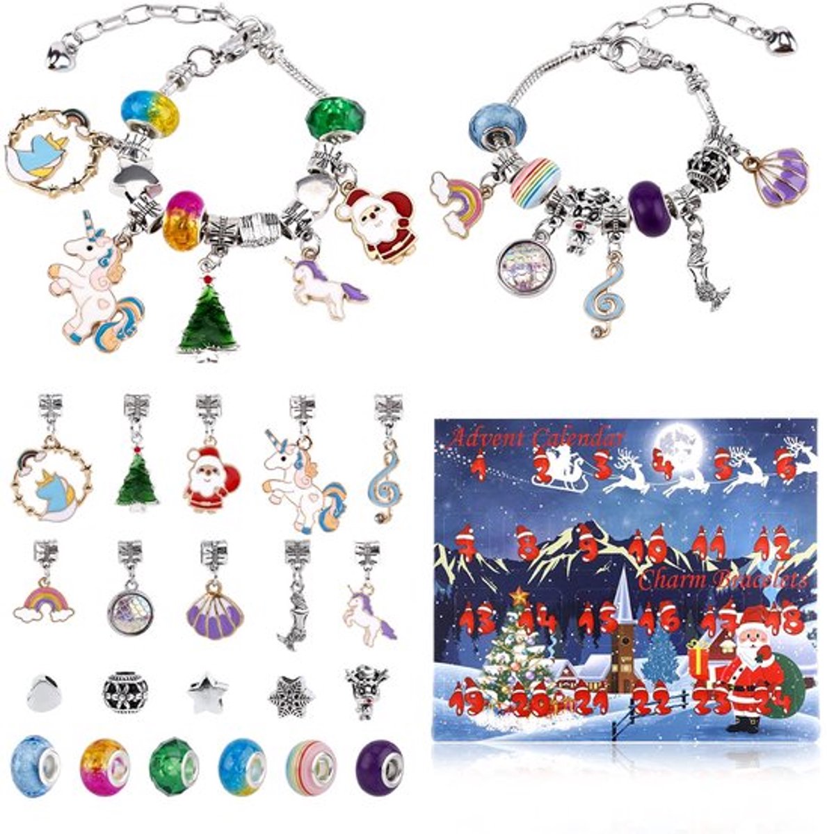 24-delige Adventskalender Charm Armbanden, DIY Kerst Adventskalender Armbanden Set 24 Dagen Aftelkalender Armbanden Sieraden Maakset voor Tienermeisjes