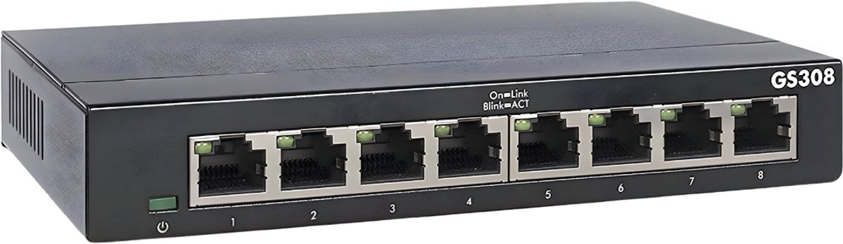 Ploutos® Internet Splitter - Gigabit Ethernet Poort - Onbeheerde Switch (GS308) - Zwart - 16cm x 11cm x 3cm