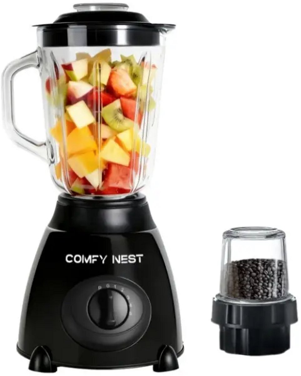 Blender – 800W – 1,5 Liter Glazen Kan – Koffiemolen en Hakmolen – 5 Snelheden en Pulse – Zwart