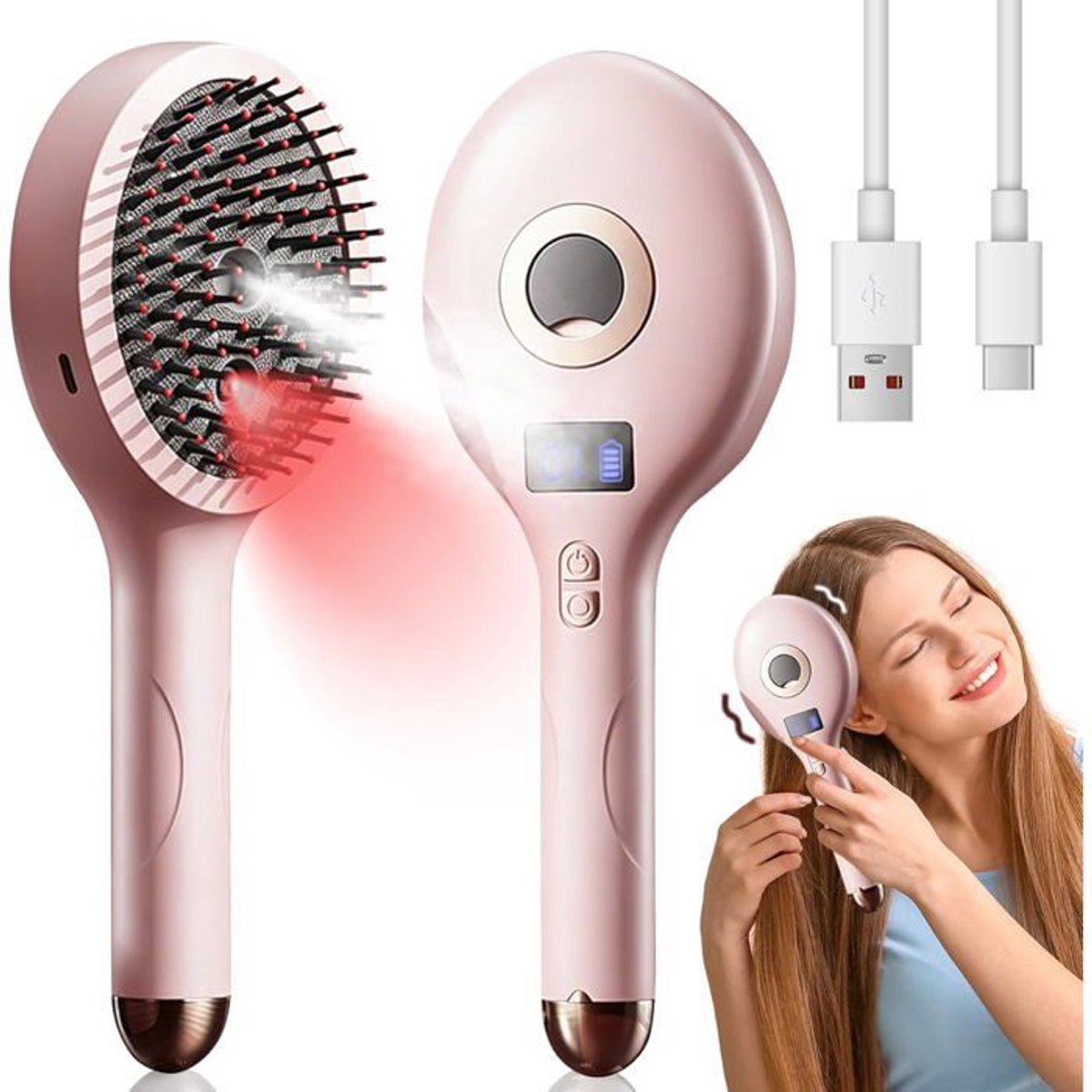 LISM-Gladde stoomkam, 3-in-1 elektrische hoofdmassageapparaat, 4 massagestanden, met sproeimondstuk, roze.