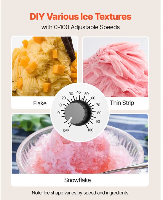 Velori IJsmachine 80 kg/24u - Elektrische Ice Shaver - Snow Ice Maker - Sneeuwijsmachine - Instelbare Snelheid - RVS Mes - Snelle Voorkoeling — afbeelding 2