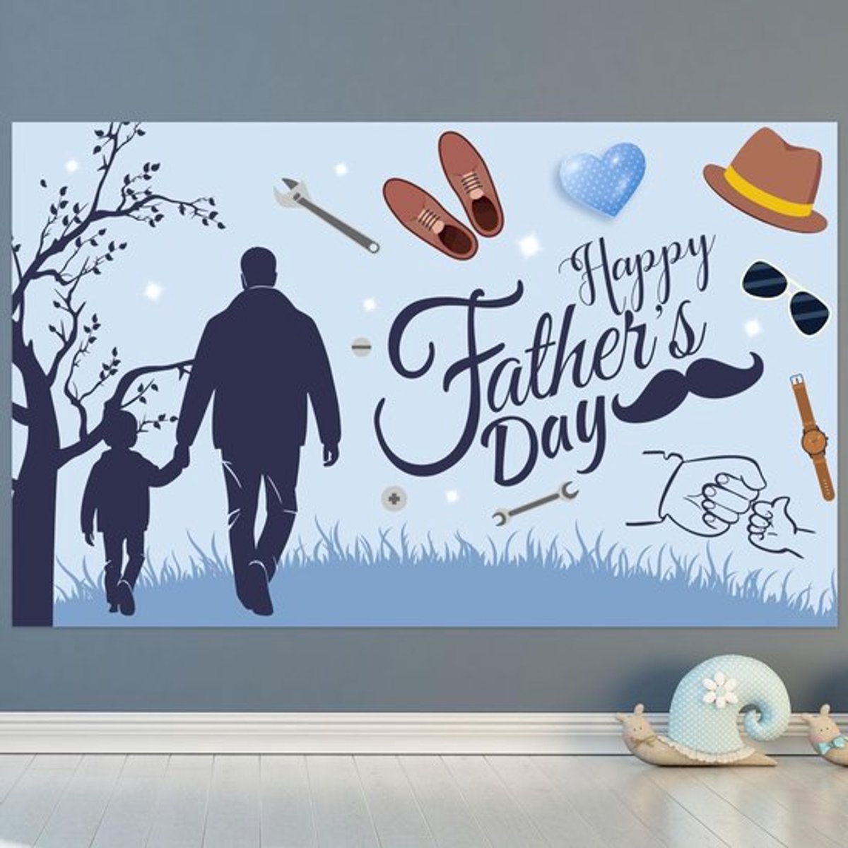 Grote gelukkige Vaderdag banner van polyester van 180x110 cm, ideaal als achtergrond, fotoprop of feestdecoratie voor een gezellige viering