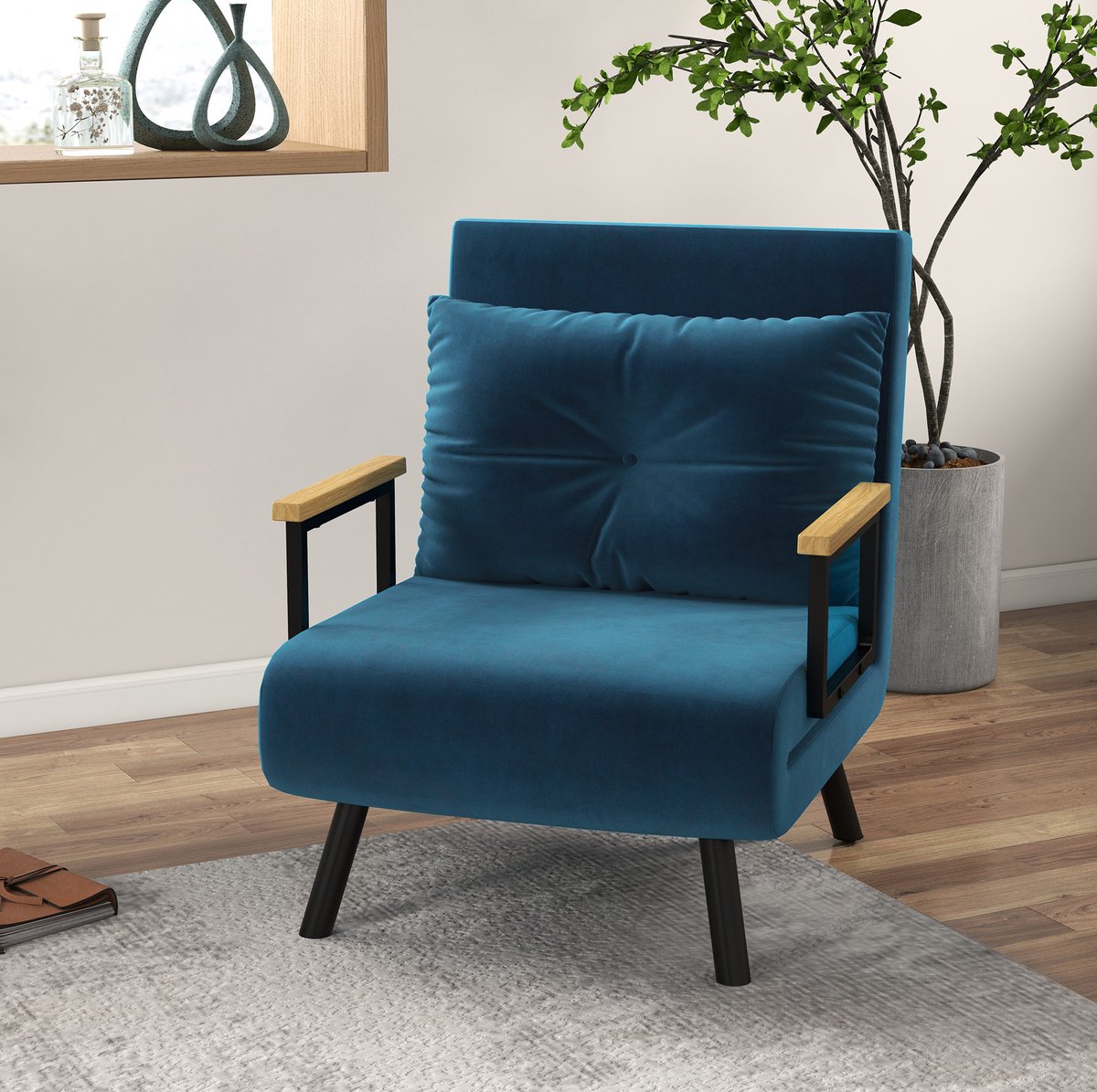 FloraGrace Relaxfauteuil Met Bedfunctie 63 X 73 X 81 Cm Verstelbare Rugleuning Voor Kleine Ruimtes Fluweel Blauw