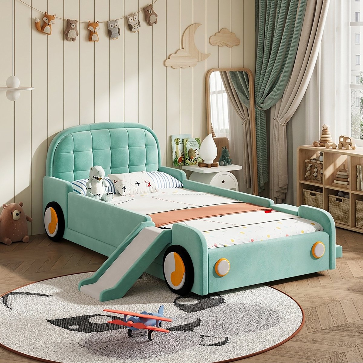 Wishdor Kinderbed 90x200 cm - Autobed met glijbaan en trap - Flexibel links of rechts monteerbaar - Veilige valbescherming - Voor jongens en meisjes - Zacht fluweel - Blauwgroen