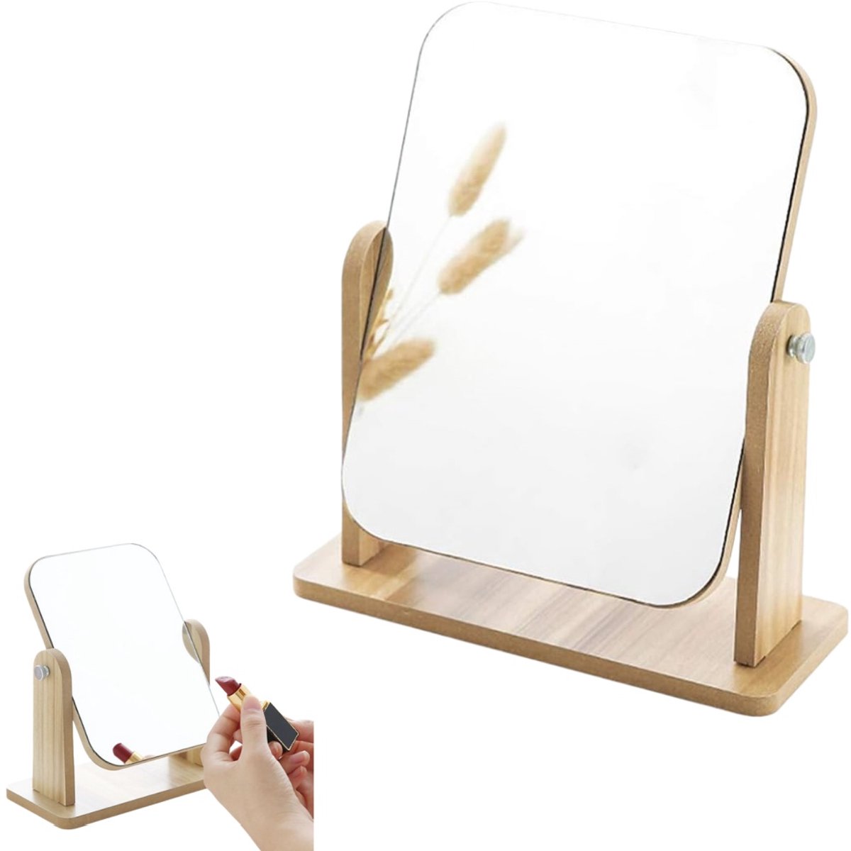 1 stuk - Houten make-upspiegel - scheerspiegel - aankleedspiegel - staande spiegel - tafelspiegel - bureau make-upspiegel - draaibaar - hoge resolutie - houtkleur - 21×18 cm - geschikt voor badkamer en slaapkamer