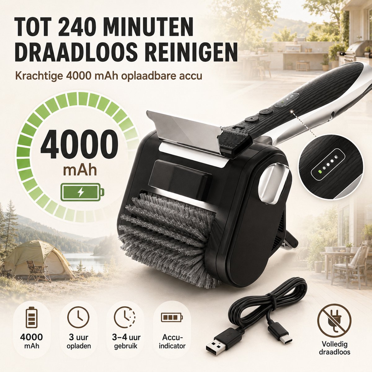 Rosnek Elektrische BBQ Borstel – Draadloze Barbecueborstel - Grillreiniger – 450 RPM, 4000 mAh Accu, LED-Licht en RVS-Schraper – Oplaadbare Grillborstel voor Gasbarbecue, Houtskoolbarbecue, Grillrooster en Bakplaat