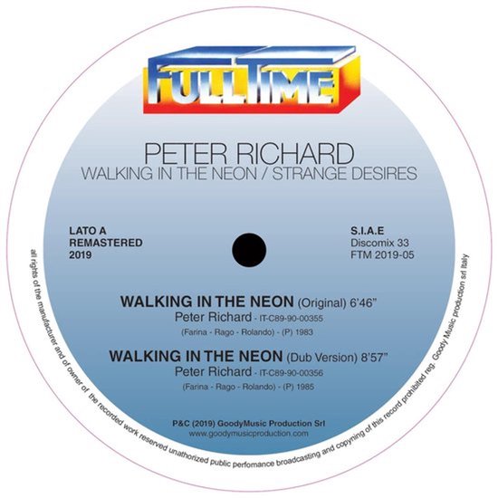 Volledige titel van de plaat: Peter Richard - Walking in the Neon / Strange Desires. Label is blauw met tekst en logo.