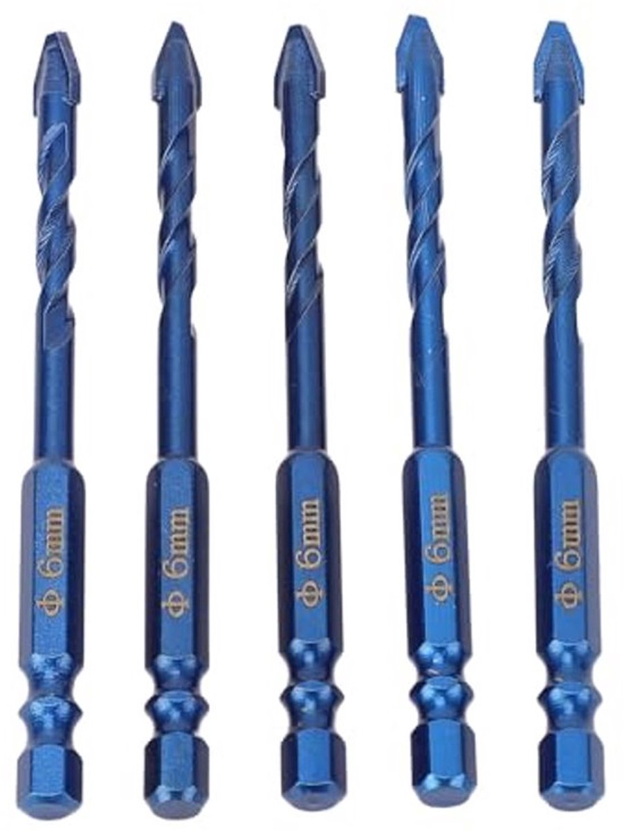 5-delige excentrische boor 6 mm, excentrische boor met hoge hardheid, afgeschuinde kop, 1/4 inch hex shank, professionele steenboorset, voor beton, cement hout