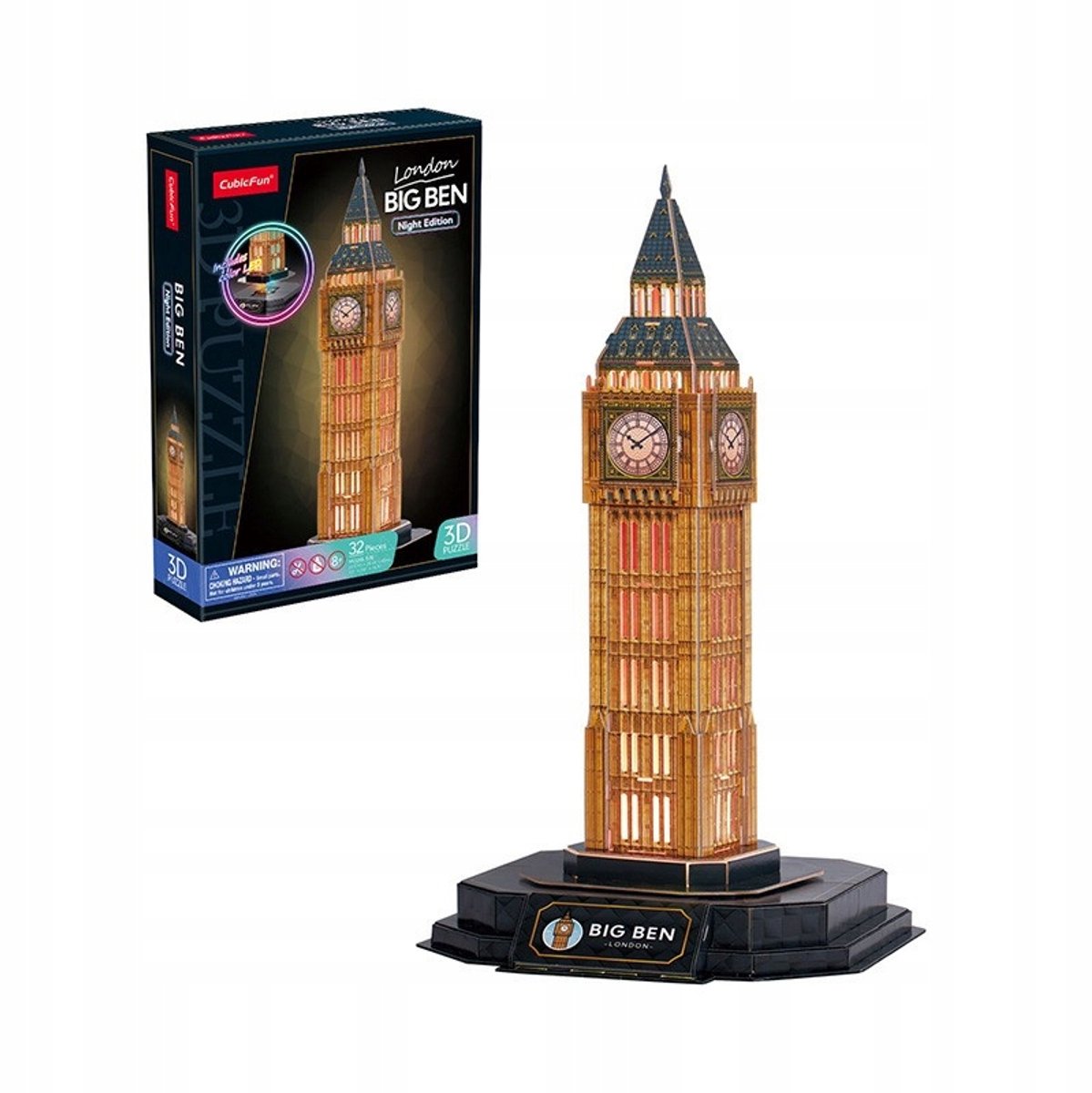 3D Puzzel Big Ben Nachtversie - 32 Stukjes, LED Basis