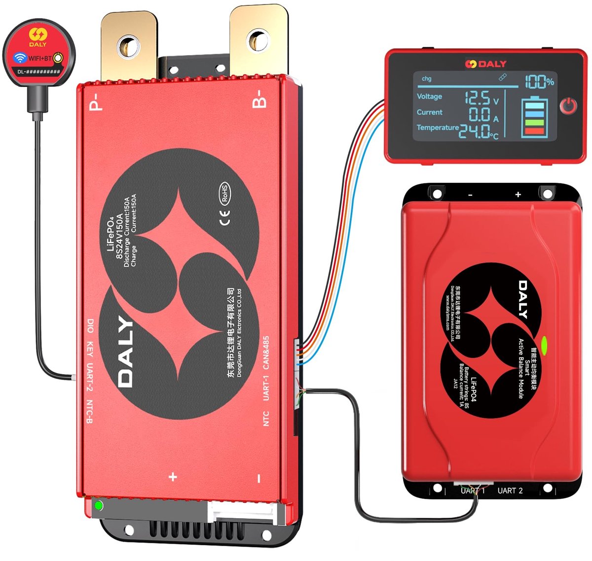 SolidKeus - 24V 150A BMS met 1A Actieve Balancer en LCD Touch Screen