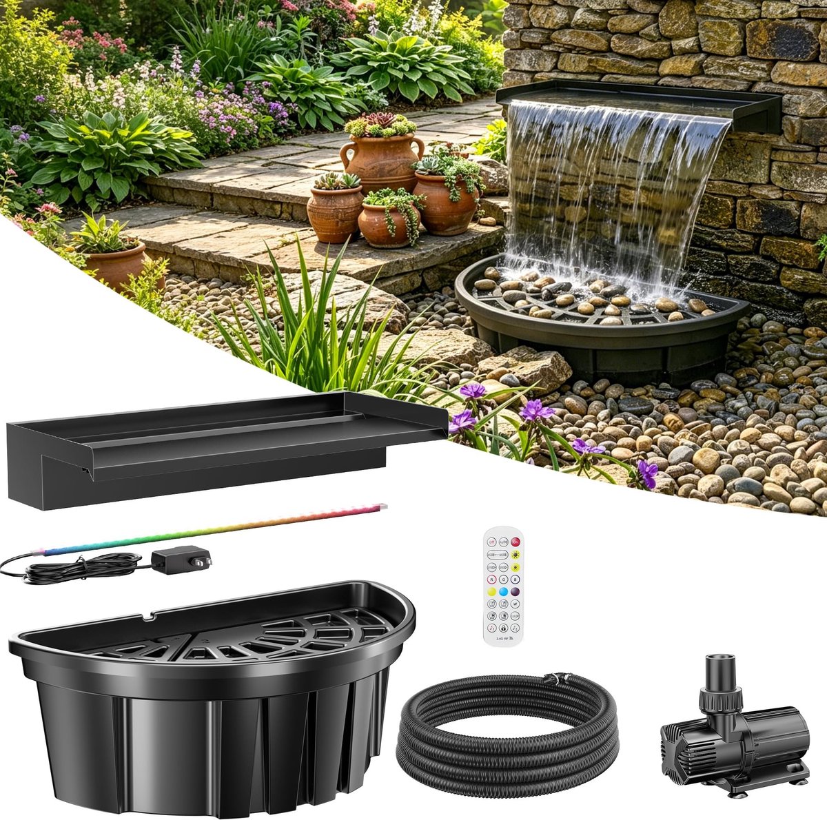 SolidKeus - Vijverwaterval Set met 6000 L/H en Kleurrijke LED Verlichting