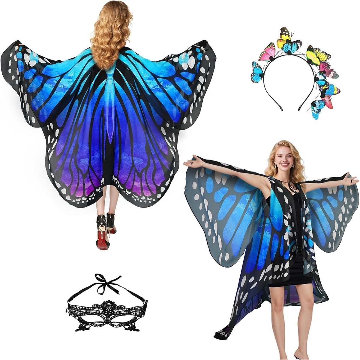 Vrouwelijk Vlinder Kostuum met Vleugels en Accessoires voor Carnaval - 3-delige Set met Gezichtsmasker en Haarband voor Feestelijke Gelegenheden
