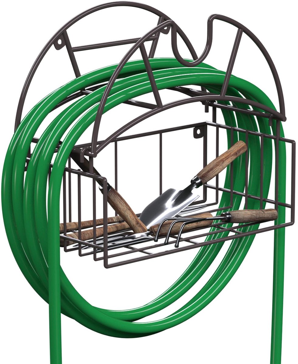 Wandmontage Tuinslanghouder - Zware Metalen Slanghaspelhouder met Opbergmand - Tuinslang Organizer voor Maximaal 45 Meter Slang - Ruimtebesparende Wandhouder voor Tuin, Tuingereedschap & Bewatering Accessoires