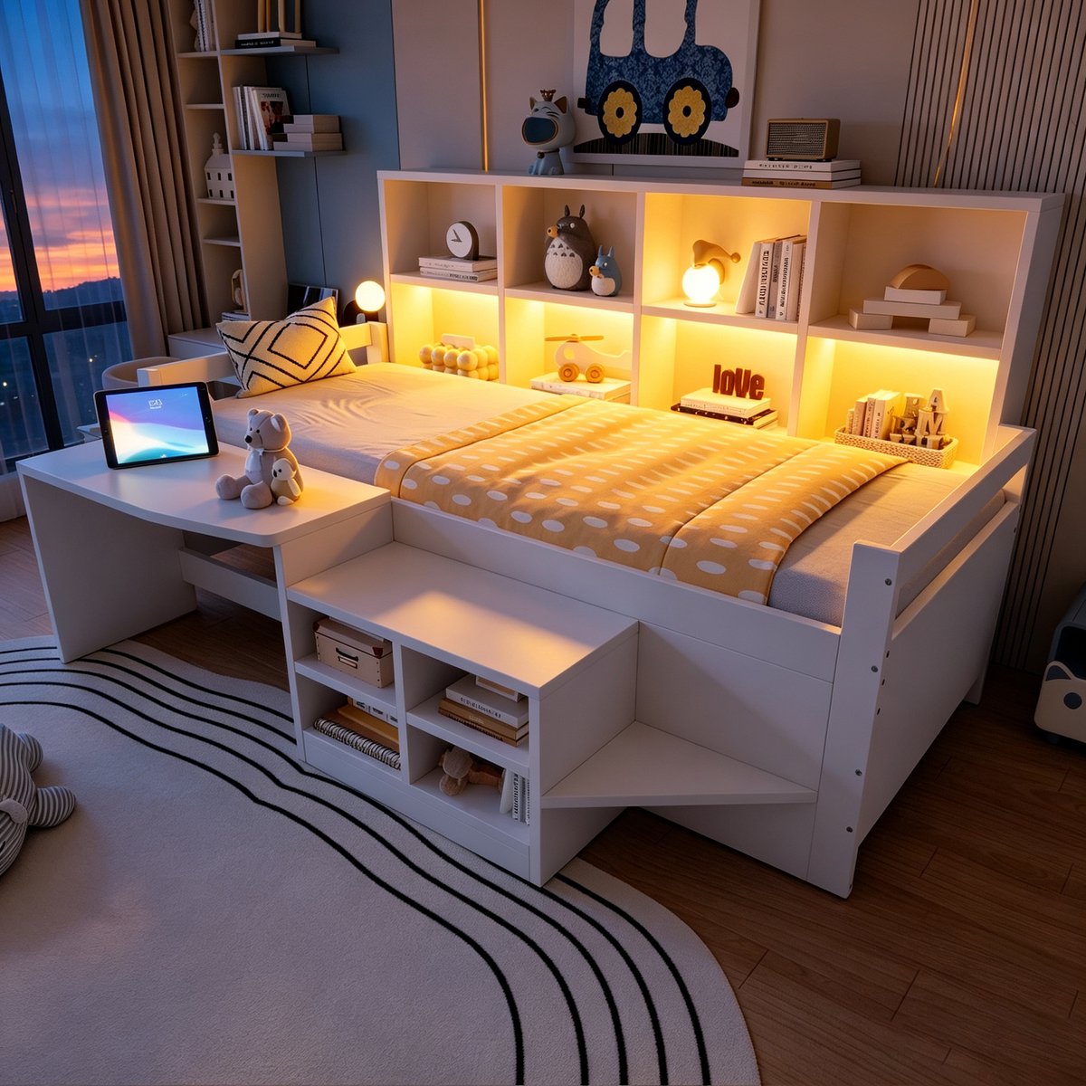 Kinderbed 90×200 cm, Eenpersoonsbed, Multifunctioneel Bed, Bureau Met Opbergruimte En Stopcontacten, Voorzien Van Ledverlichting En Opbergvakken Met Meerdere Niveaus, Eenpersoonsbed Van Massief Hout, Tienerbed, Wit