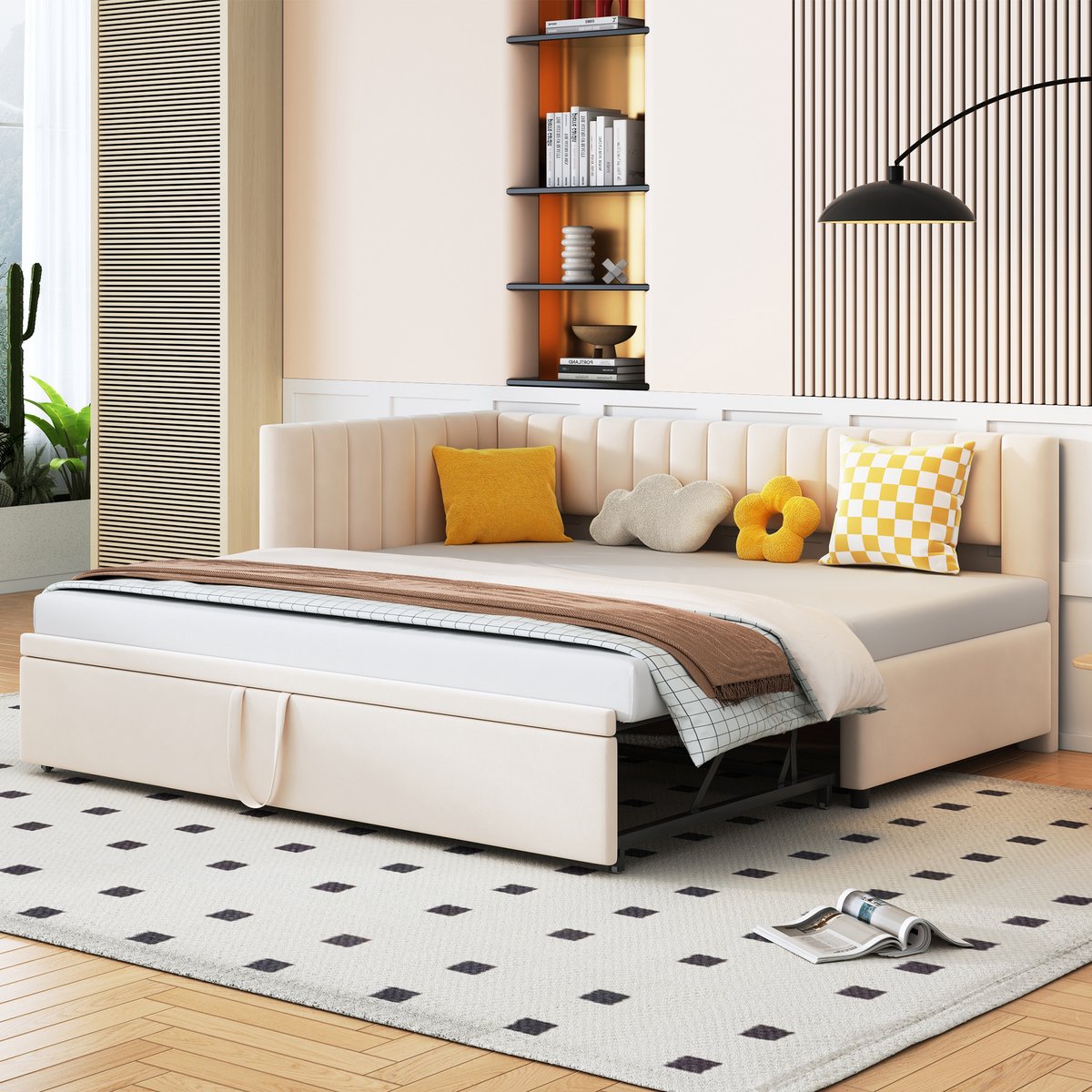 Kinderbed - voor matras 180 x 200 cm - beige - afmetingen 97,5 x 208 x 75 cm - matras niet inbegrepen - voor de slaapkamer