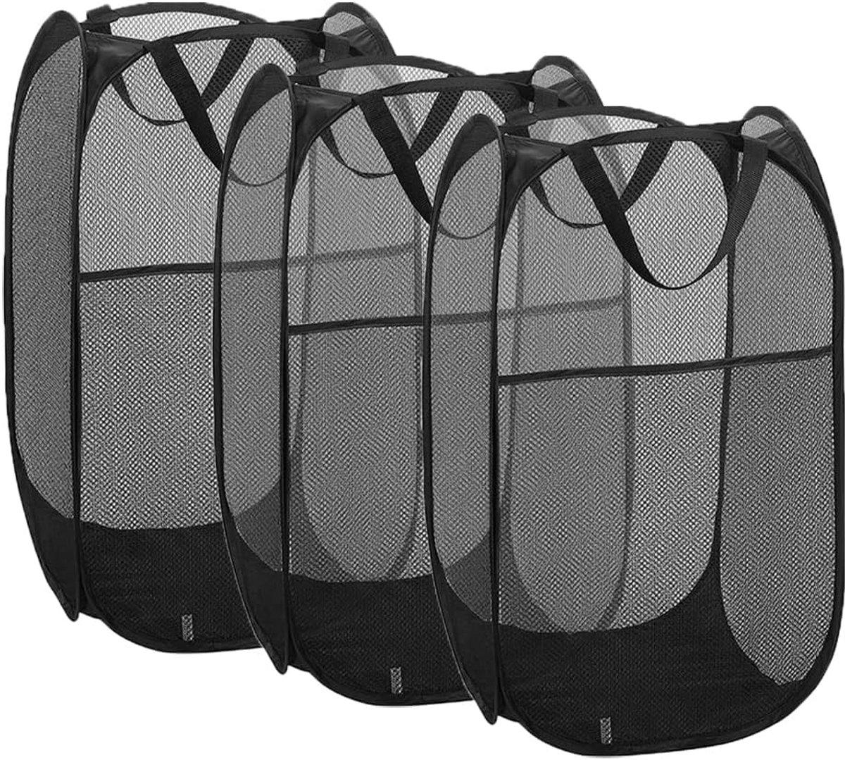 Wasmand - Opvouwbaar - Wasmand van gaas - Kledingopbergmand - Draagbare wasmand - 3-delig - Zwart