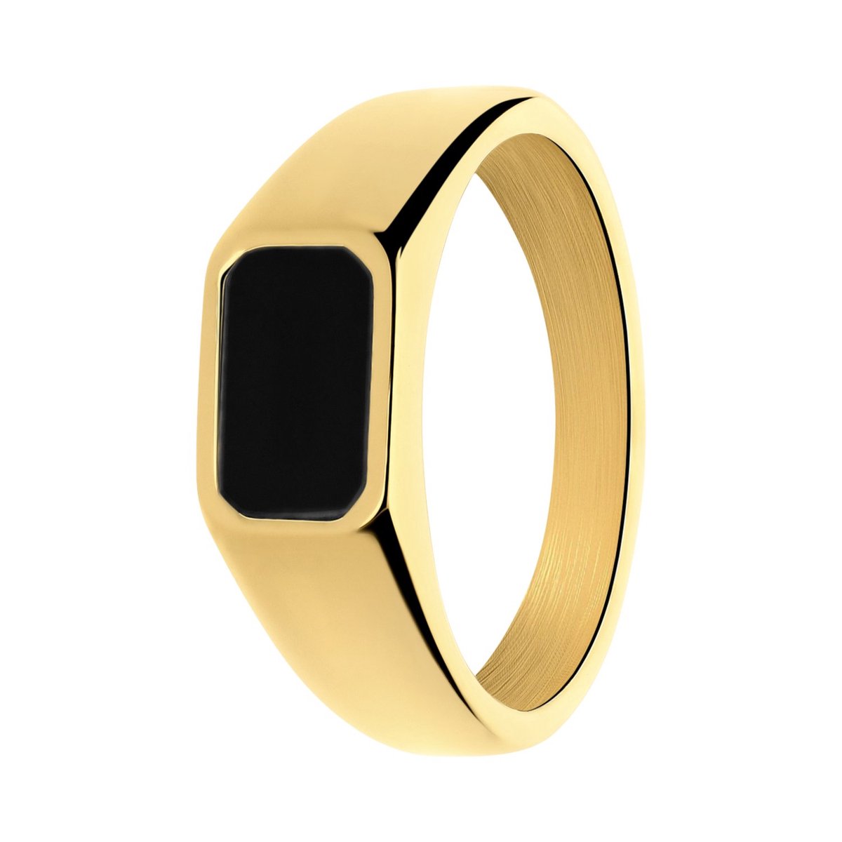 Lucardi Kinder Stainless steel goldplated ring met zwart agaat - Ring - Staal - Goudkleurig - 19 / 60 mm