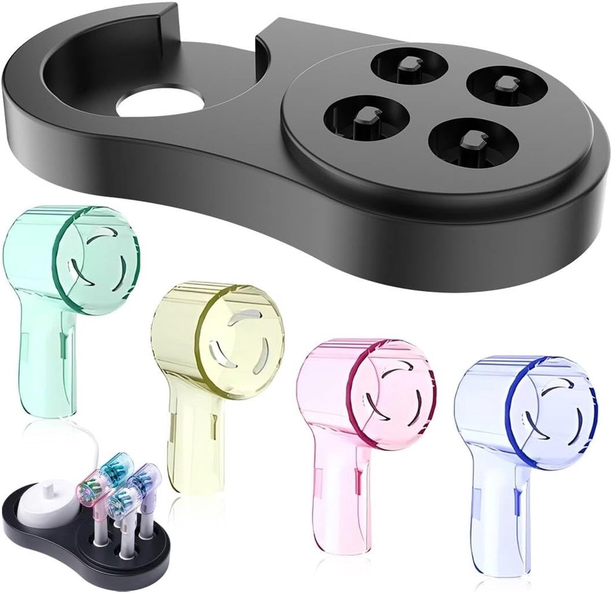 Tandenborstelhouder - Zwart - - Organiser met 4 Gekleurde Borstelkopbeschermers - Voor Elektrische Tandenborstels