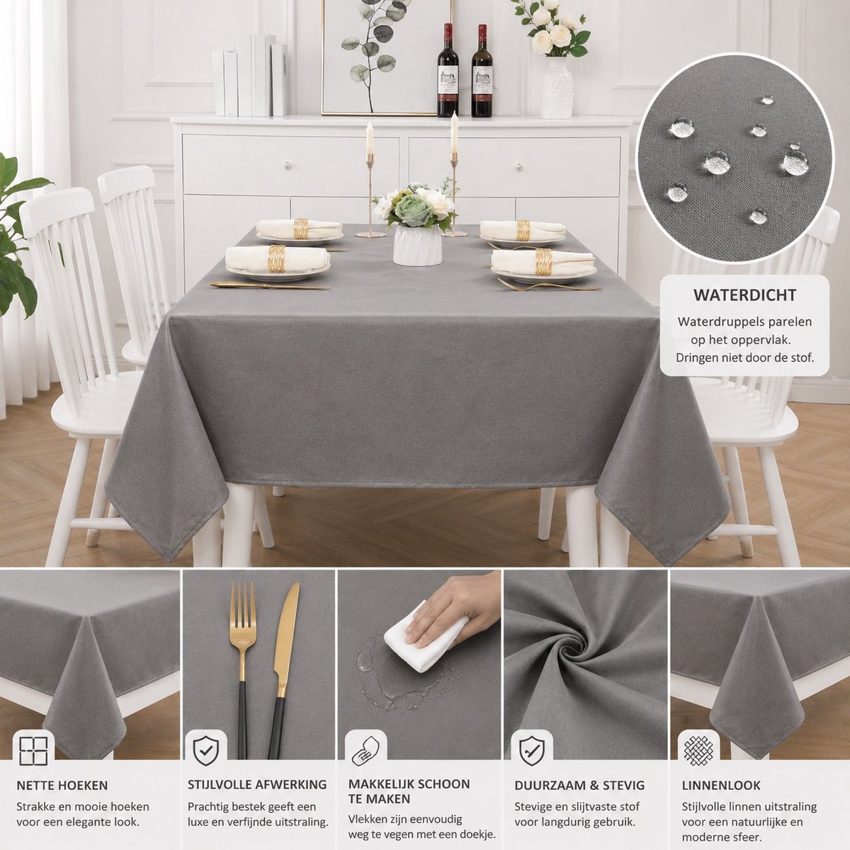 R&H® Tafelkleed met linnenlook, afwasbaar, lotuseffect, rechthoekig, 100 x 140 cm, waterafstotend, vlekbescherming, donkergrijs