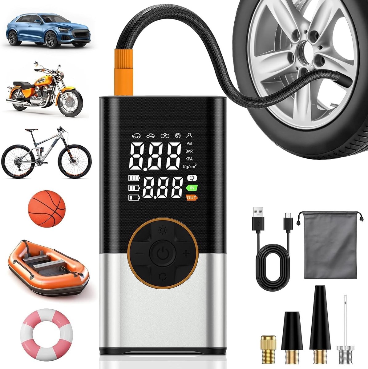Elektrische Luchtpomp - Zwart - Draagbare Fietspomp met Manometer en LED-verlichting - Voor Auto, Fiets en Motor