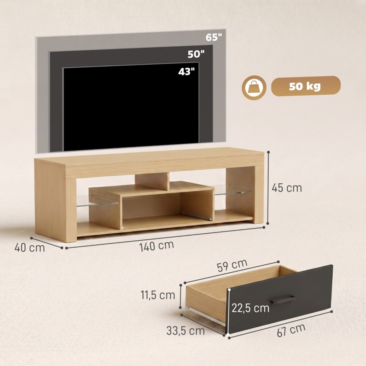 COVREO TV-meubel 140 cm eiken, met lade en verstelbare glazen planken Oak