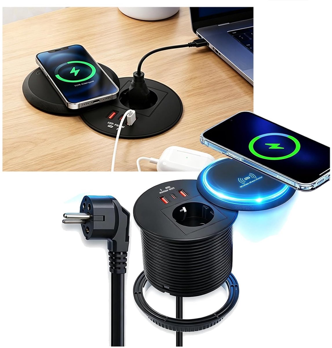 3-in-1 intrekbaar stopcontact keuken met USB C PD 30 W & 15 W Qi draadloos opladen, inbouwstopcontact, tafelstopcontact voor bureau, kantoor, keuken, werkblad, inbouwstekkerdoos met 1,5 m kabel