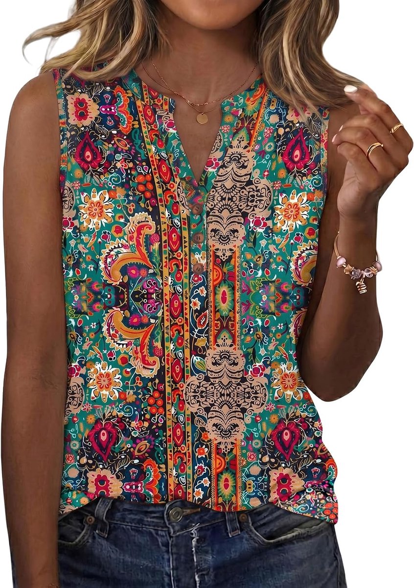 Top dames V-hals mouwloos zomer bovenstuk casual basic effen tanktops henley shirt met knopen