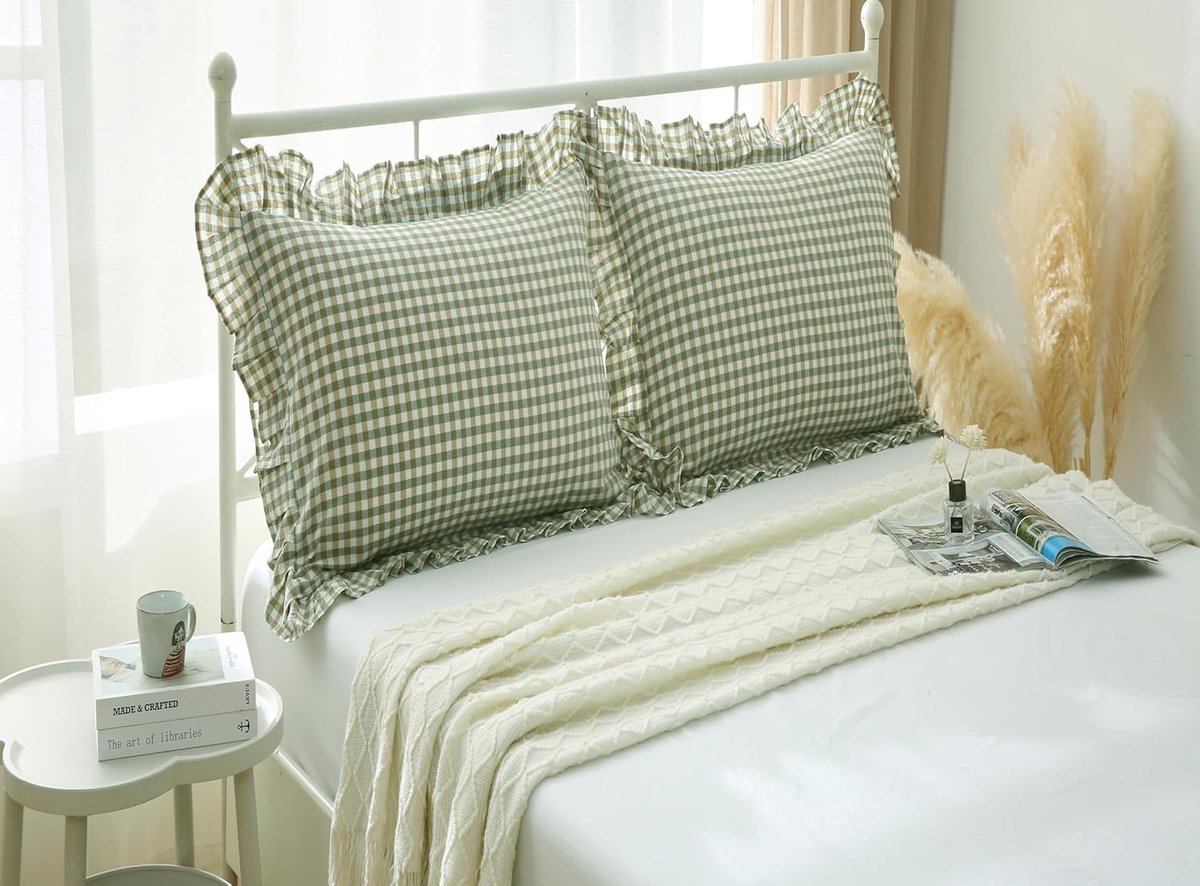 Kussenslopen met ruches, 40 x 40 cm, set van 2, 100% katoen, landelijke stijl, voor sierkussens, bank, auto en dagbed, saliewit Gingham
