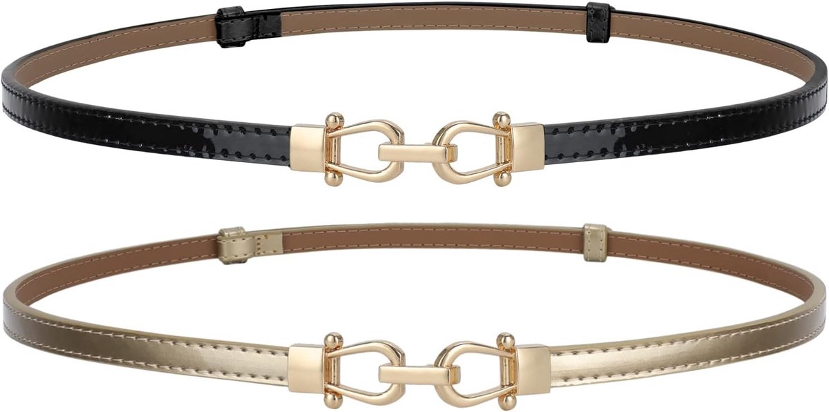 2 stuks leren skinny damesriem, modieus, dun leer, tailleriem voor jurken met gouden gesp