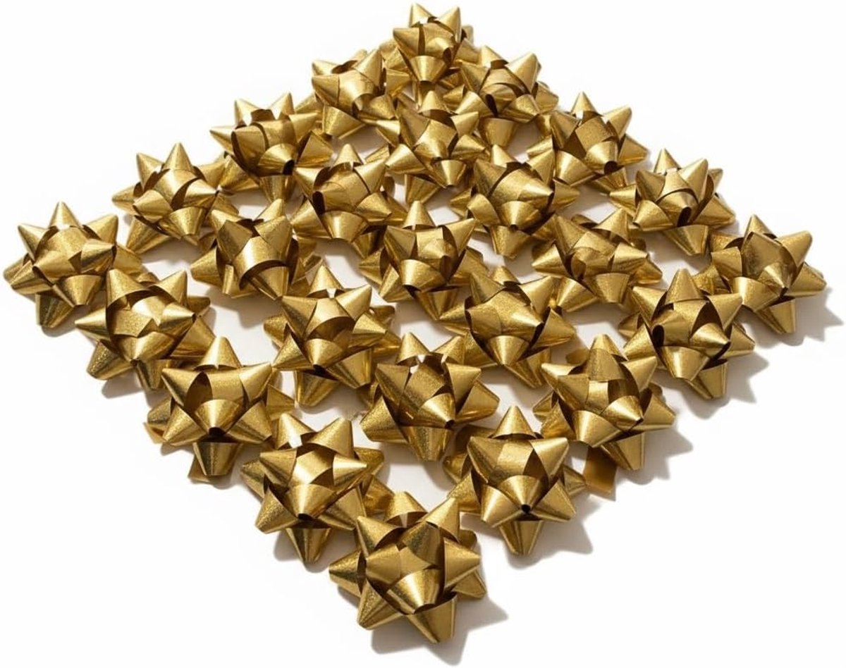 24 grote geschenkstrikken, rood-goud-metallic voor kerstcadeaus, zelfklevende geschenkstrikken, sterren voor feestelijkheden, diameter 6,5 cm, stickers 2 cm (glanzend goud)